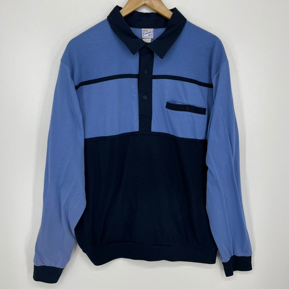 Haband Casual Joe Mens XL Long Sleeve Polo Shirt Blue Colorblock Textured